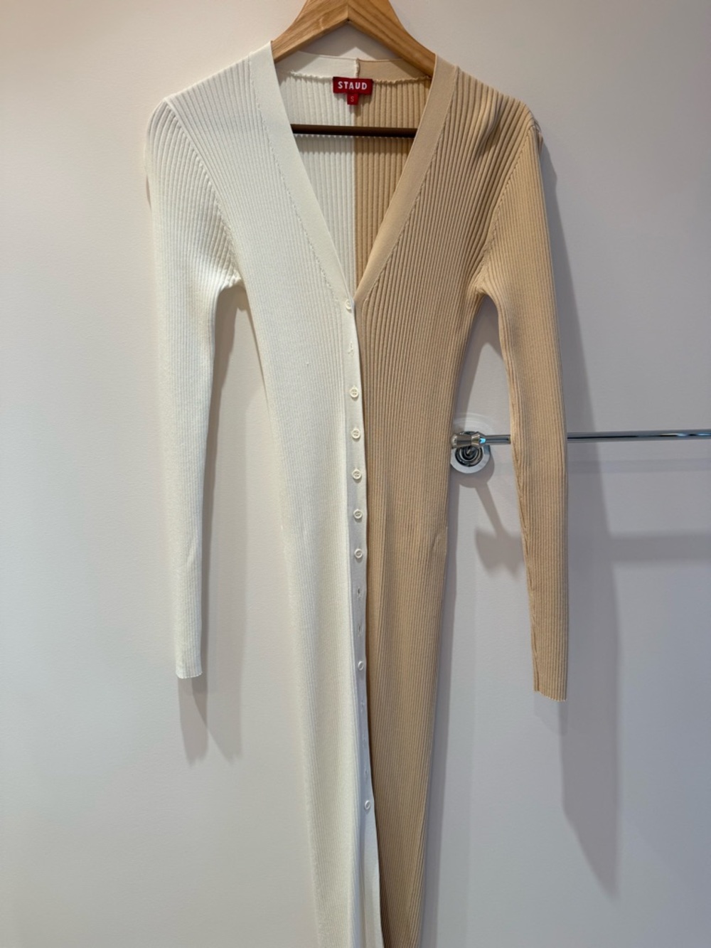 STAUD Two-Tone Ribbed Button-Front Maxi Cardigan Dress - Ivory & Beige